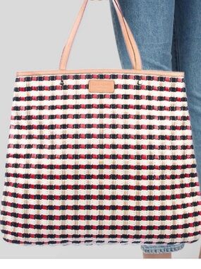 Kate Spade Tulum Reyna Woven Shopper Tote Red Navy Cream Resort Bag Dusty - EUC
